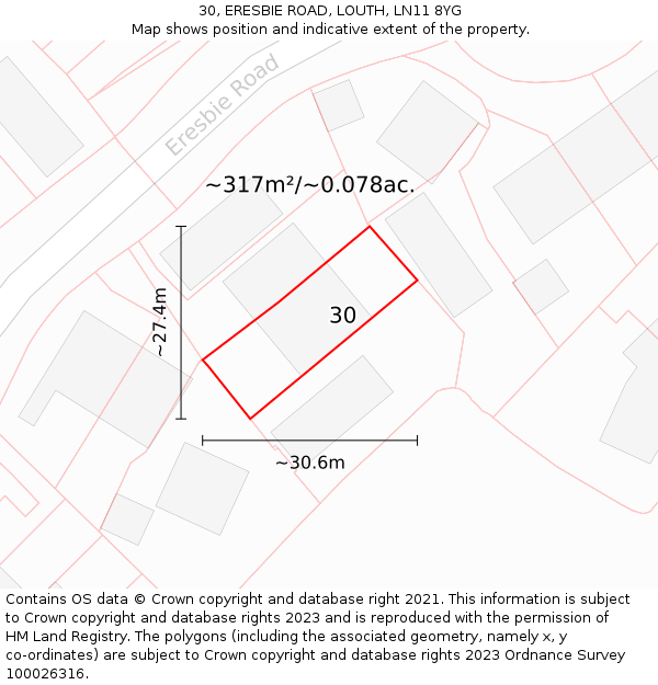 30, ERESBIE ROAD, LOUTH, LN11 8YG: Plot and title map