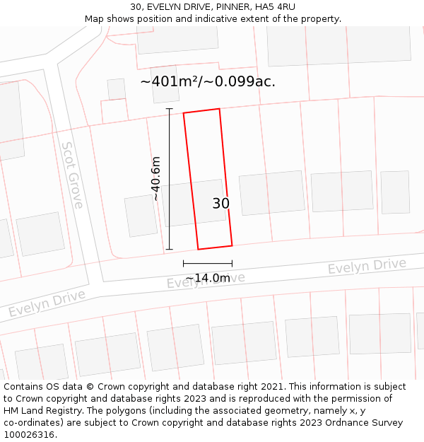 30, EVELYN DRIVE, PINNER, HA5 4RU: Plot and title map