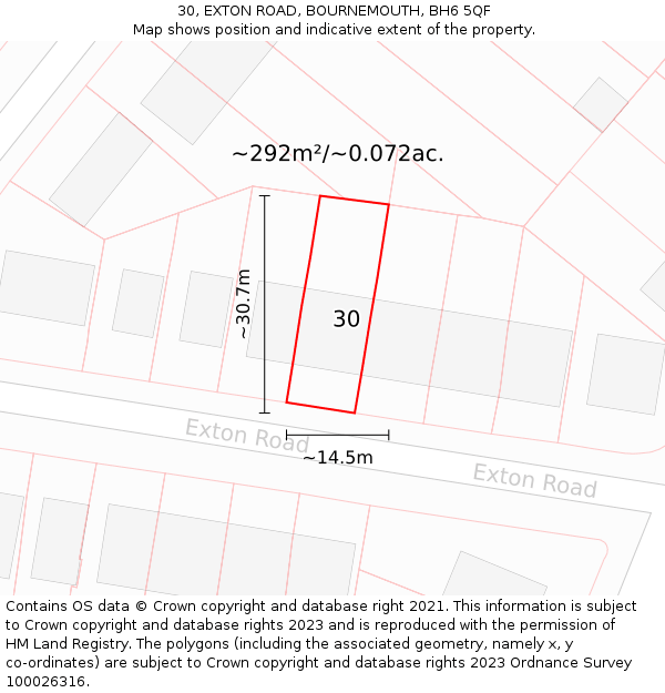 30, EXTON ROAD, BOURNEMOUTH, BH6 5QF: Plot and title map