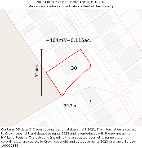 30, FAIRFIELD CLOSE, DONCASTER, DN4 7HH: Plot and title map