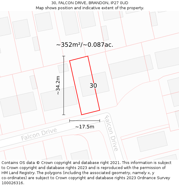 30, FALCON DRIVE, BRANDON, IP27 0UD: Plot and title map