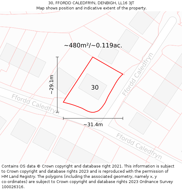 30, FFORDD CALEDFRYN, DENBIGH, LL16 3JT: Plot and title map