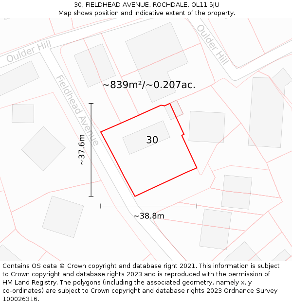 30, FIELDHEAD AVENUE, ROCHDALE, OL11 5JU: Plot and title map