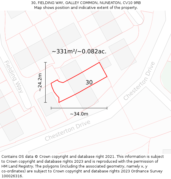 30, FIELDING WAY, GALLEY COMMON, NUNEATON, CV10 9RB: Plot and title map