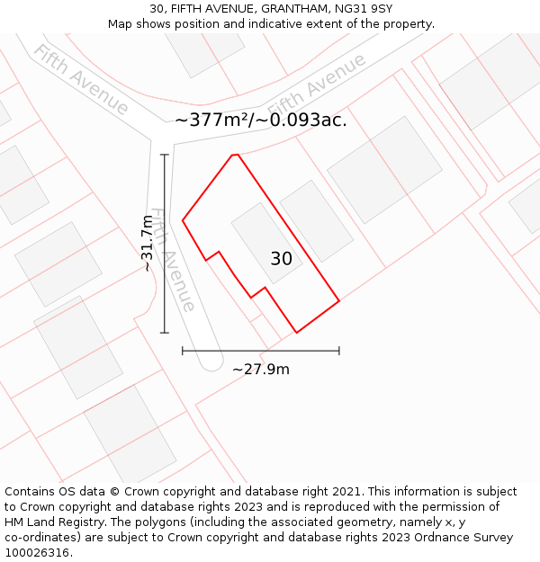 30, FIFTH AVENUE, GRANTHAM, NG31 9SY: Plot and title map