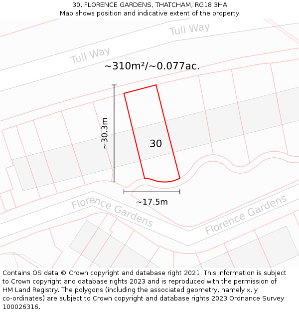 30, FLORENCE GARDENS, THATCHAM, RG18 3HA: Plot and title map