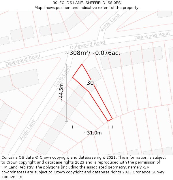 30, FOLDS LANE, SHEFFIELD, S8 0ES: Plot and title map