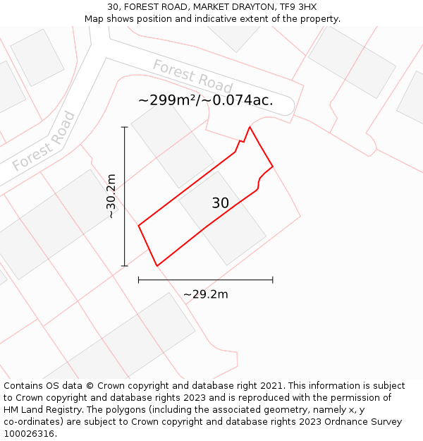 30, FOREST ROAD, MARKET DRAYTON, TF9 3HX: Plot and title map