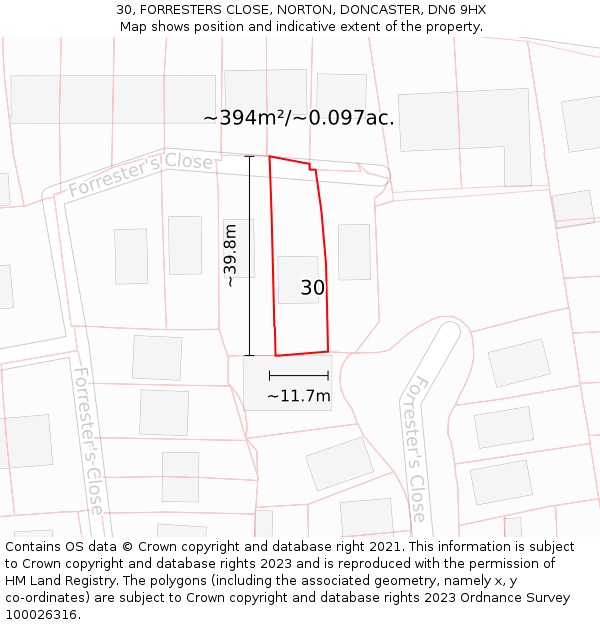 30, FORRESTERS CLOSE, NORTON, DONCASTER, DN6 9HX: Plot and title map