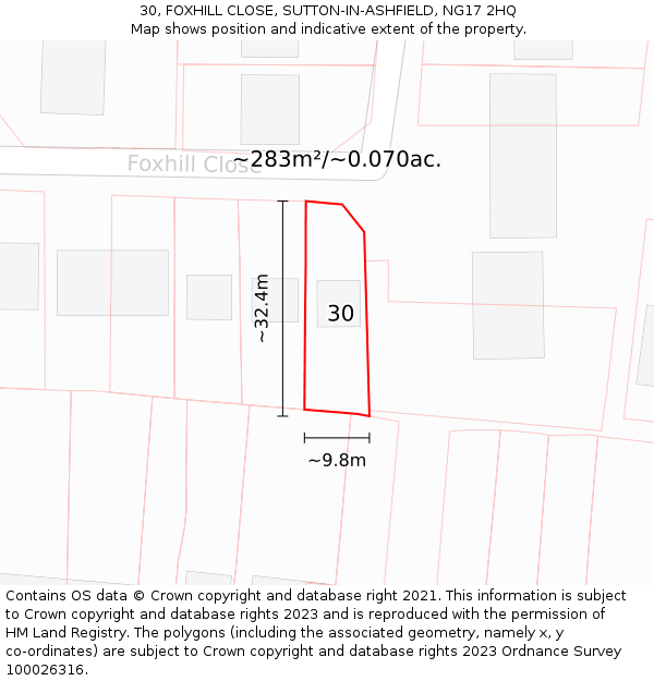 30, FOXHILL CLOSE, SUTTON-IN-ASHFIELD, NG17 2HQ: Plot and title map