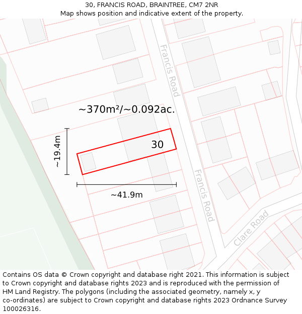 30, FRANCIS ROAD, BRAINTREE, CM7 2NR: Plot and title map