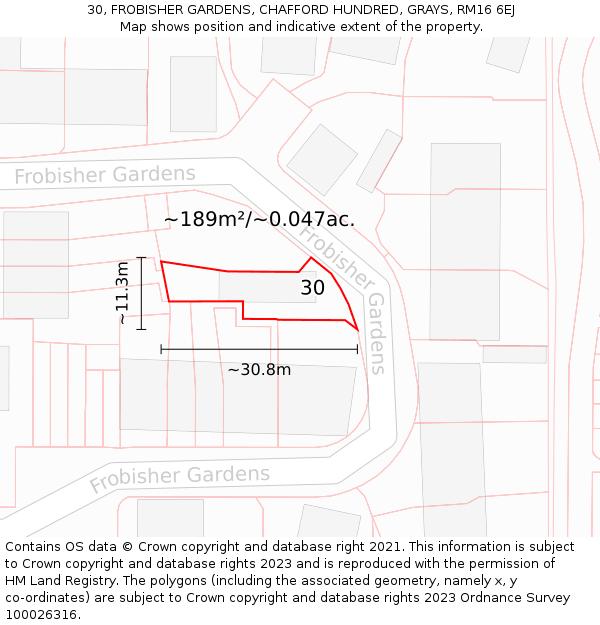 30, FROBISHER GARDENS, CHAFFORD HUNDRED, GRAYS, RM16 6EJ: Plot and title map