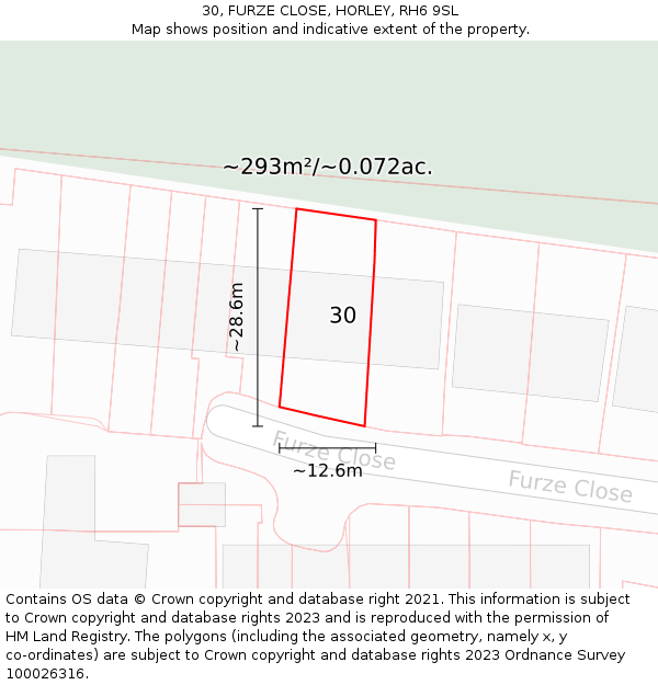 30, FURZE CLOSE, HORLEY, RH6 9SL: Plot and title map