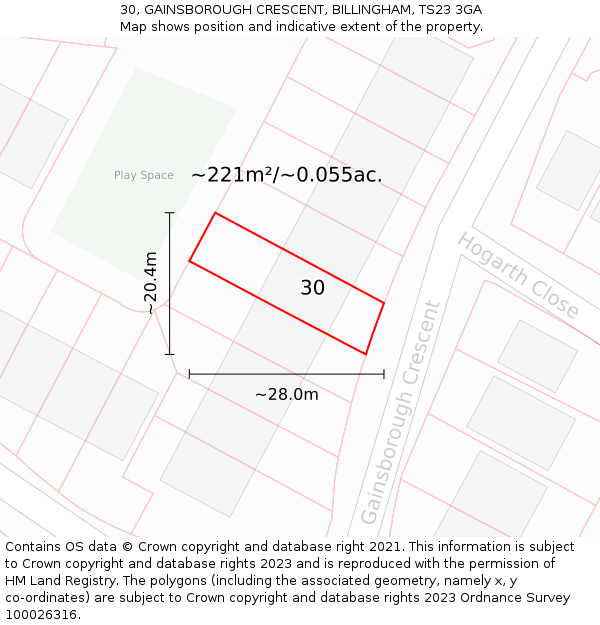 30, GAINSBOROUGH CRESCENT, BILLINGHAM, TS23 3GA: Plot and title map