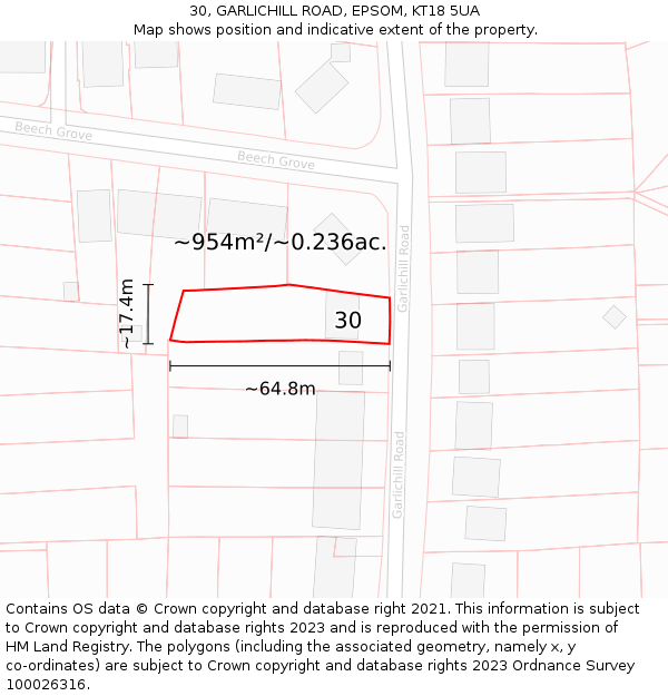 30, GARLICHILL ROAD, EPSOM, KT18 5UA: Plot and title map