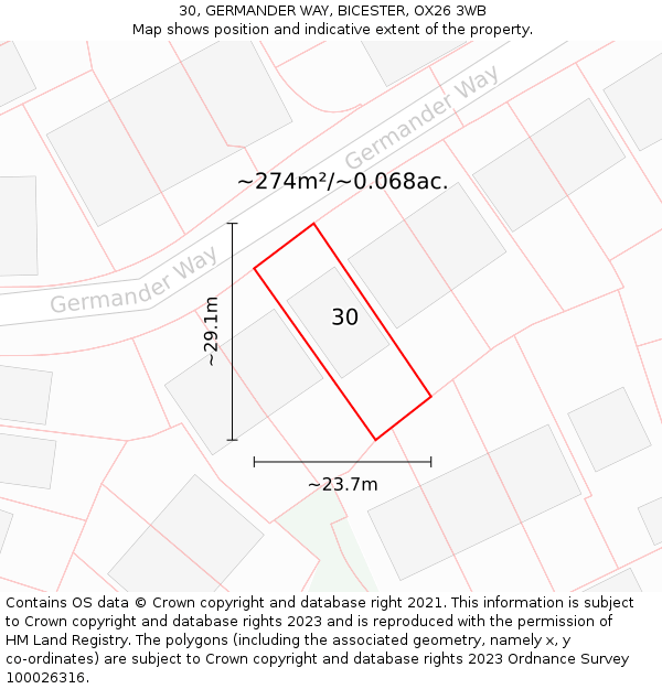 30, GERMANDER WAY, BICESTER, OX26 3WB: Plot and title map