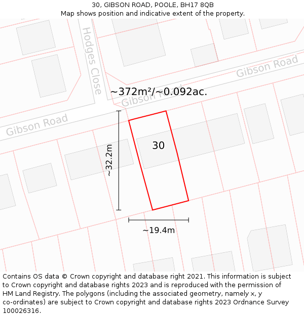 30, GIBSON ROAD, POOLE, BH17 8QB: Plot and title map