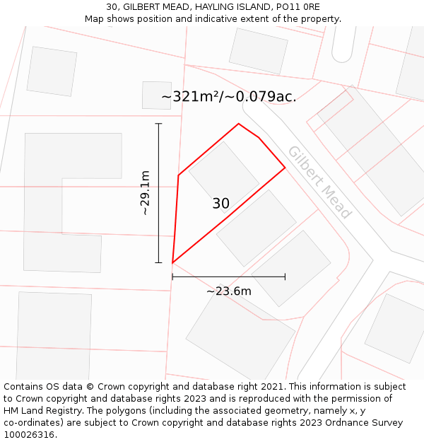 30, GILBERT MEAD, HAYLING ISLAND, PO11 0RE: Plot and title map