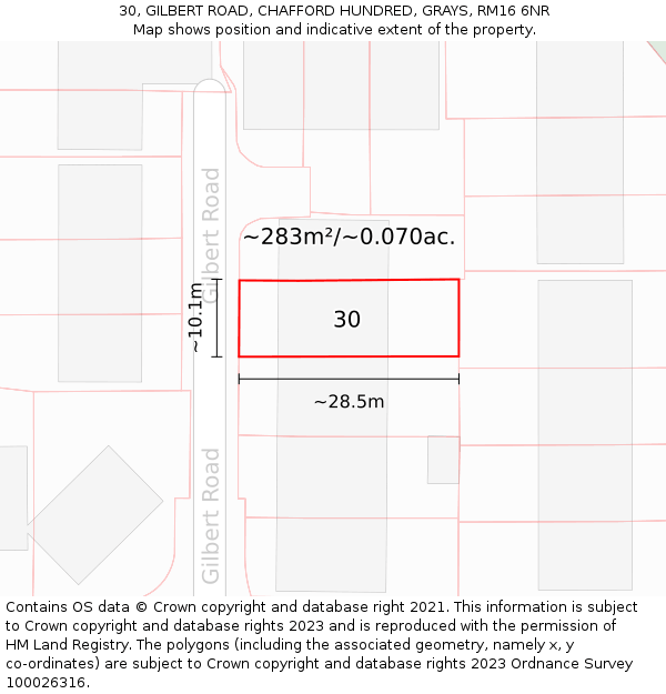 30, GILBERT ROAD, CHAFFORD HUNDRED, GRAYS, RM16 6NR: Plot and title map