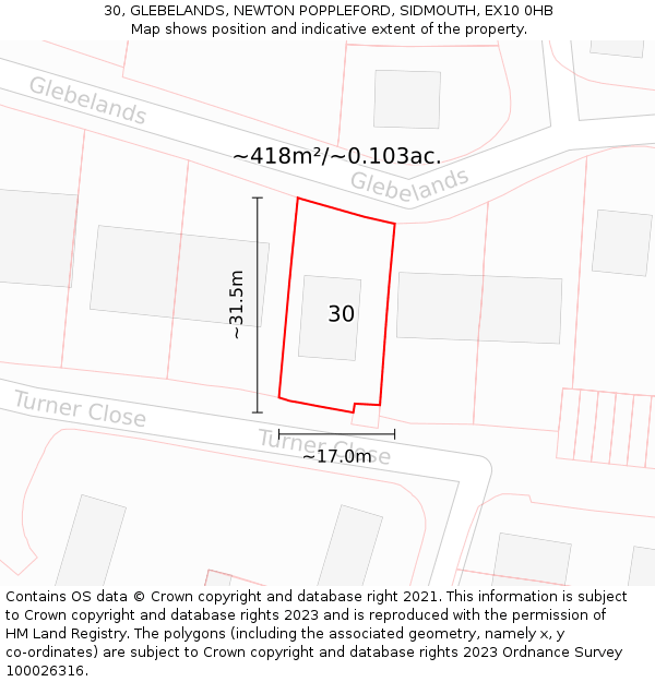 30, GLEBELANDS, NEWTON POPPLEFORD, SIDMOUTH, EX10 0HB: Plot and title map