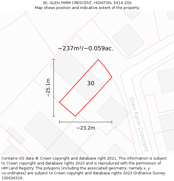 30, GLEN FARM CRESCENT, HONITON, EX14 2GX: Plot and title map