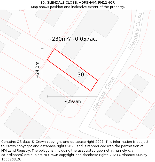 30, GLENDALE CLOSE, HORSHAM, RH12 4GR: Plot and title map