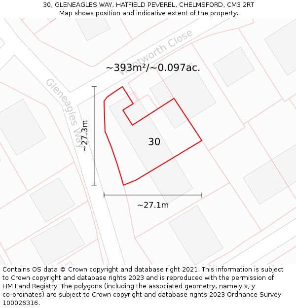 30, GLENEAGLES WAY, HATFIELD PEVEREL, CHELMSFORD, CM3 2RT: Plot and title map