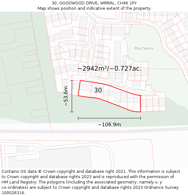 30, GOODWOOD DRIVE, WIRRAL, CH46 1PY: Plot and title map