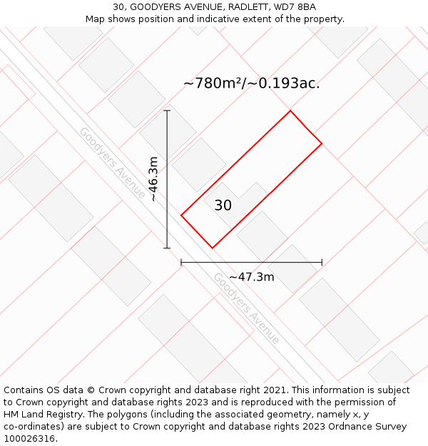 30, GOODYERS AVENUE, RADLETT, WD7 8BA: Plot and title map