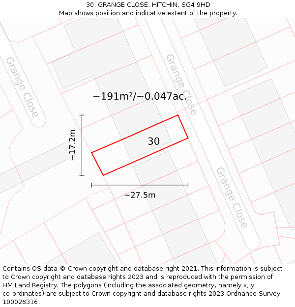 30, GRANGE CLOSE, HITCHIN, SG4 9HD: Plot and title map