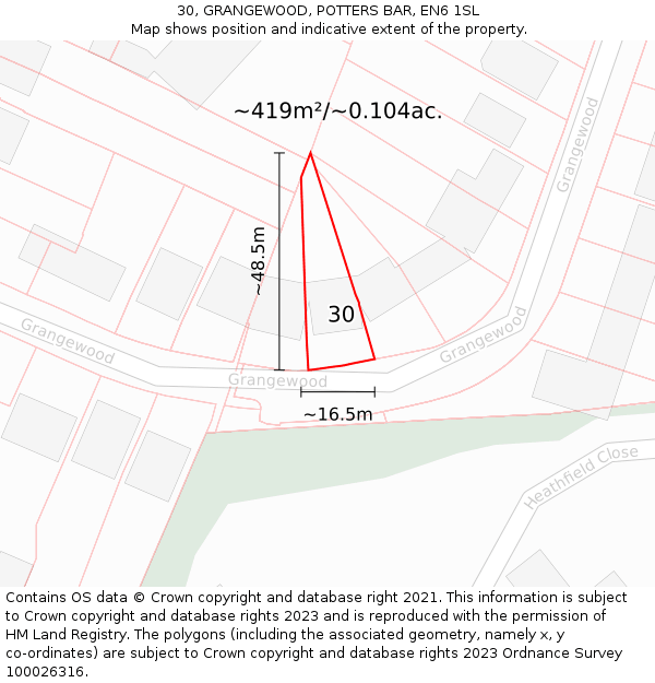 30, GRANGEWOOD, POTTERS BAR, EN6 1SL: Plot and title map