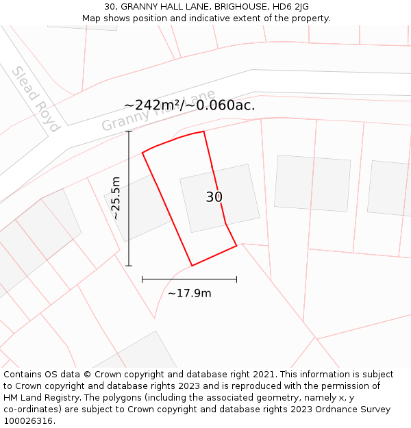 30, GRANNY HALL LANE, BRIGHOUSE, HD6 2JG: Plot and title map