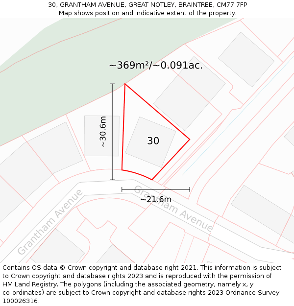 30, GRANTHAM AVENUE, GREAT NOTLEY, BRAINTREE, CM77 7FP: Plot and title map