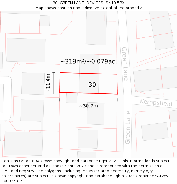 30, GREEN LANE, DEVIZES, SN10 5BX: Plot and title map