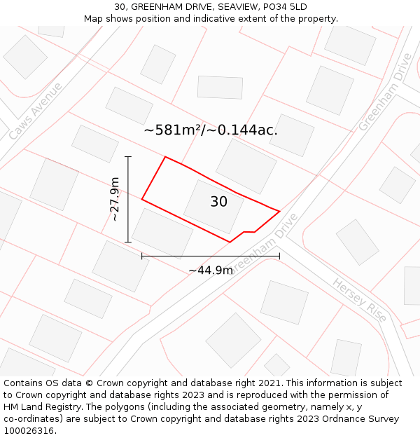 30, GREENHAM DRIVE, SEAVIEW, PO34 5LD: Plot and title map