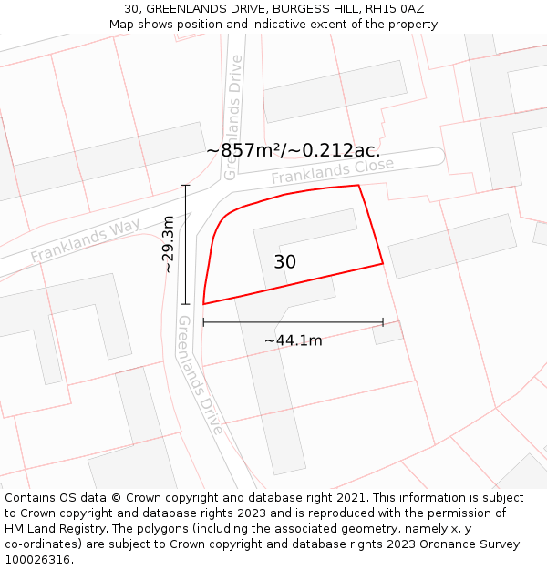 30, GREENLANDS DRIVE, BURGESS HILL, RH15 0AZ: Plot and title map