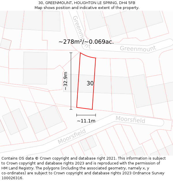 30, GREENMOUNT, HOUGHTON LE SPRING, DH4 5FB: Plot and title map