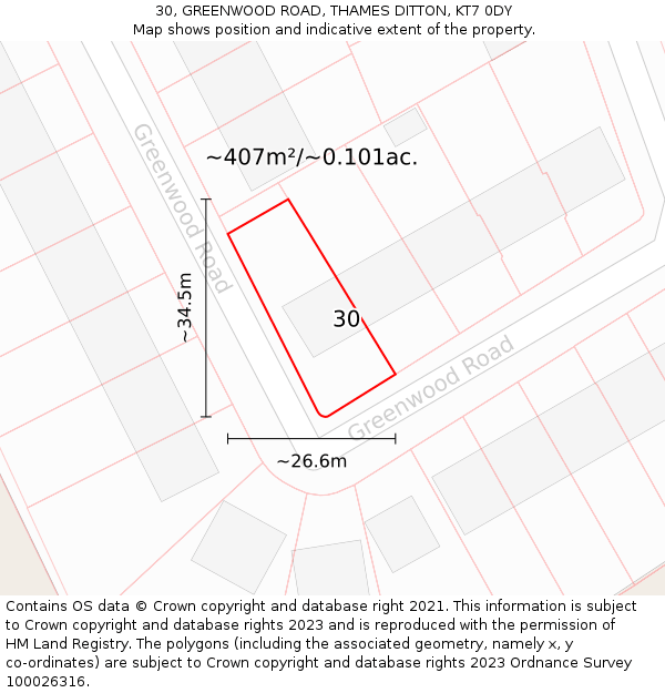 30, GREENWOOD ROAD, THAMES DITTON, KT7 0DY: Plot and title map