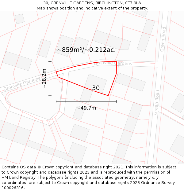 30, GRENVILLE GARDENS, BIRCHINGTON, CT7 9LA: Plot and title map