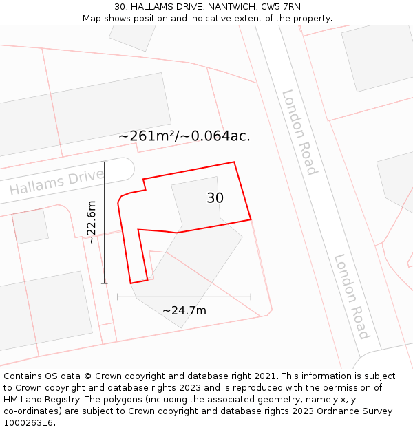 30, HALLAMS DRIVE, NANTWICH, CW5 7RN: Plot and title map