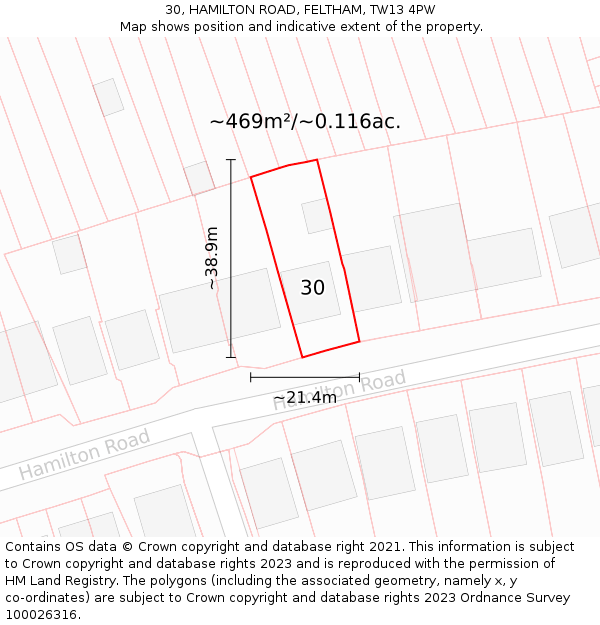 30, HAMILTON ROAD, FELTHAM, TW13 4PW: Plot and title map