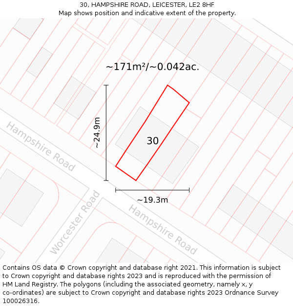30, HAMPSHIRE ROAD, LEICESTER, LE2 8HF: Plot and title map