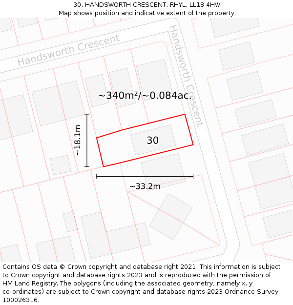 30, HANDSWORTH CRESCENT, RHYL, LL18 4HW: Plot and title map