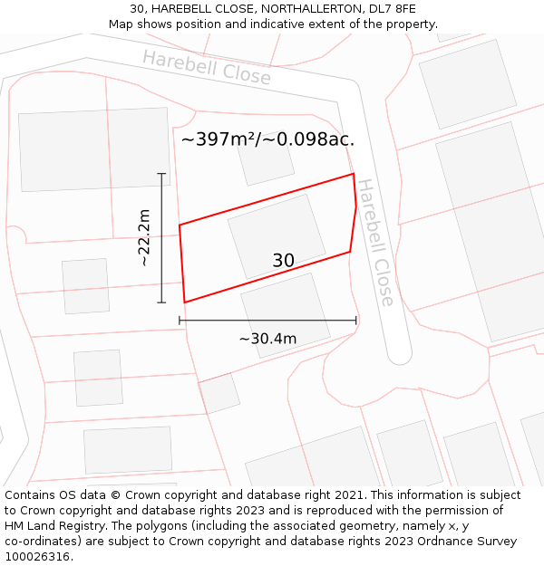 30, HAREBELL CLOSE, NORTHALLERTON, DL7 8FE: Plot and title map