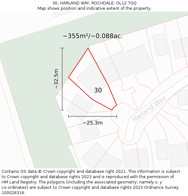 30, HARLAND WAY, ROCHDALE, OL12 7GQ: Plot and title map