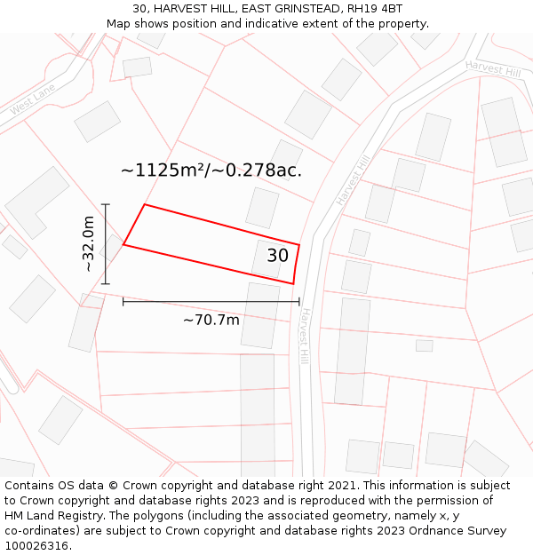30, HARVEST HILL, EAST GRINSTEAD, RH19 4BT: Plot and title map