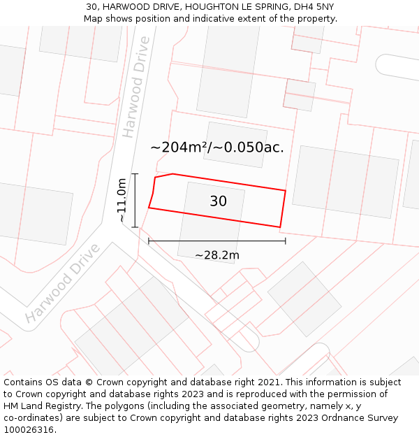 30, HARWOOD DRIVE, HOUGHTON LE SPRING, DH4 5NY: Plot and title map