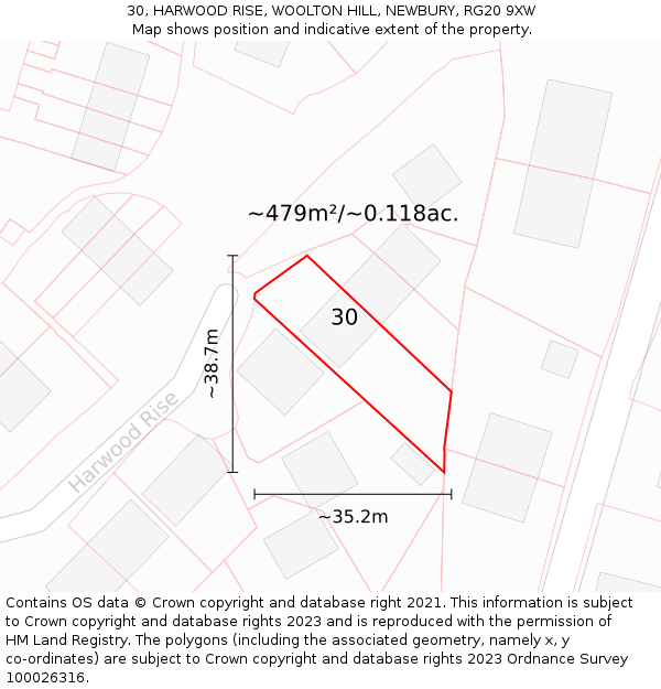 30, HARWOOD RISE, WOOLTON HILL, NEWBURY, RG20 9XW: Plot and title map