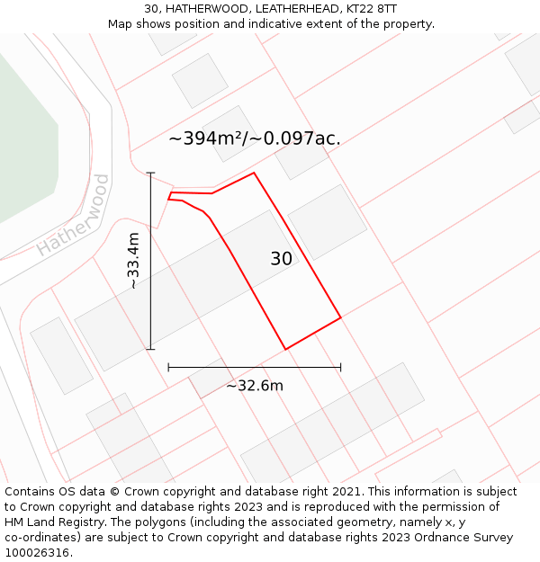 30, HATHERWOOD, LEATHERHEAD, KT22 8TT: Plot and title map