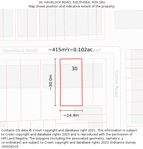 30, HAVELOCK ROAD, SOUTHSEA, PO5 1RU: Plot and title map
